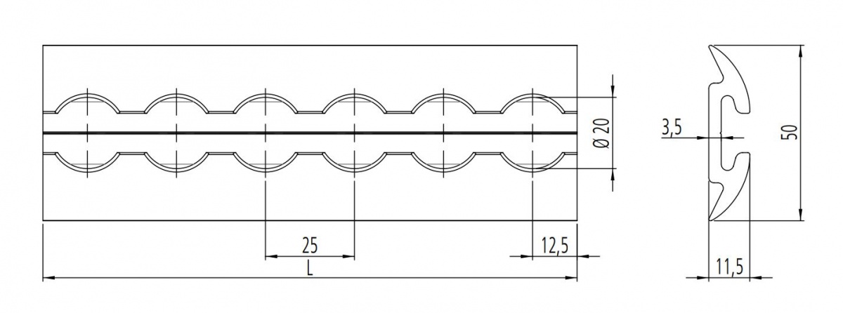 Airlinezurrschiene 3 m, Aufbau halbrund