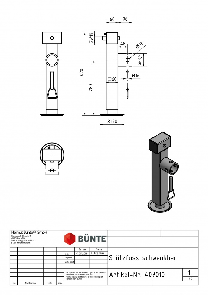 Stützfuß, Vkt. 60 x 415 mm, 19 mm Sechskant