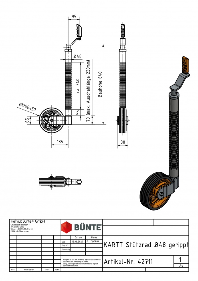 KARTT Stützrad, Ø 48 mm, 200 x 50 mm Vollgummirad (flaches Profil) auf Stahlfelge