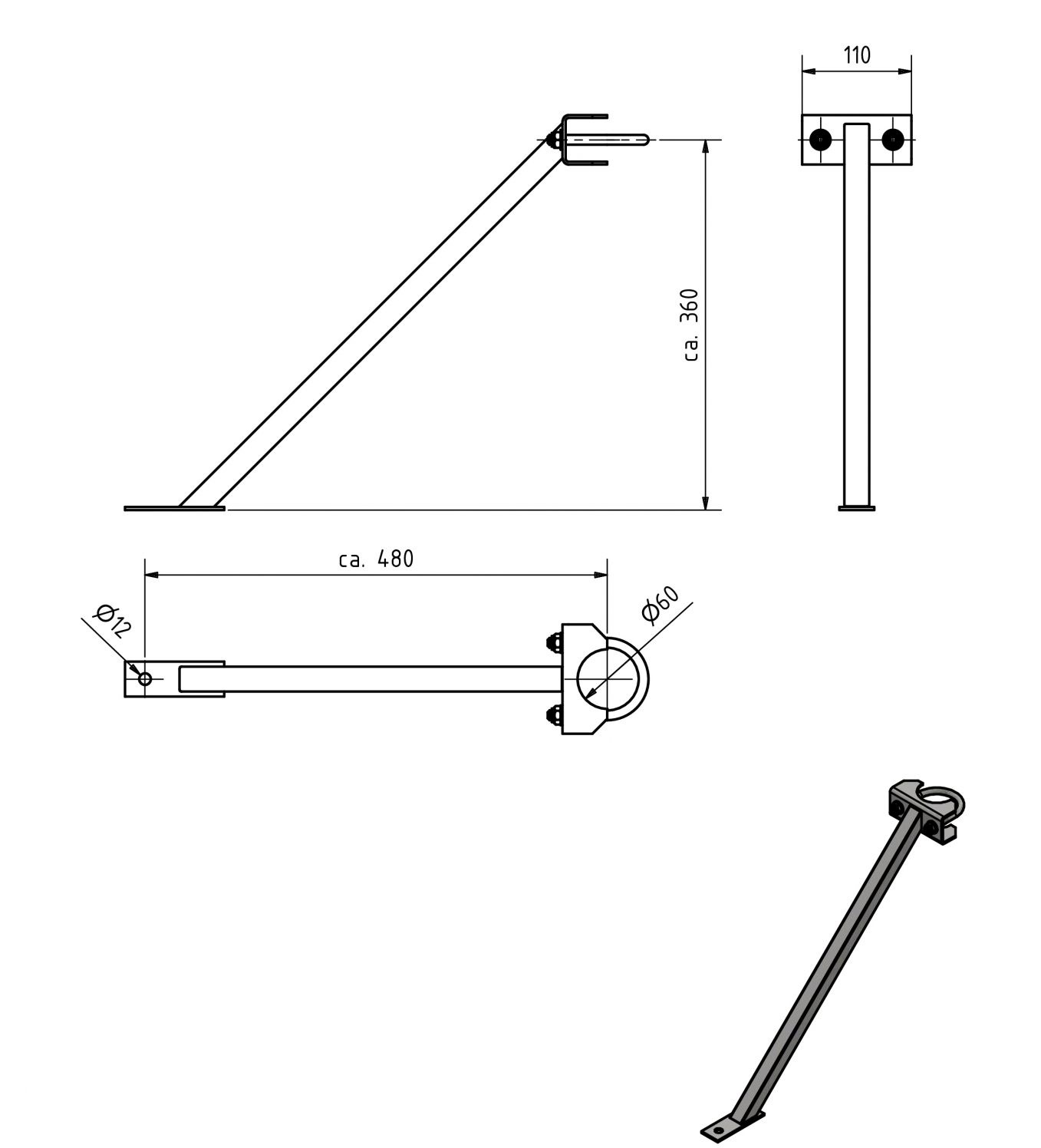 Stützradstrebe, für Ø 60 mm Stützrad, mit Klemmbock