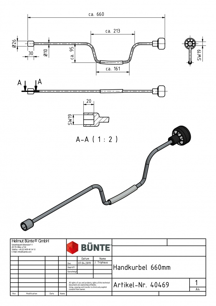 Handkurbel, 660 mm, SW 19, für Stützfuß/Ausdrehstütze