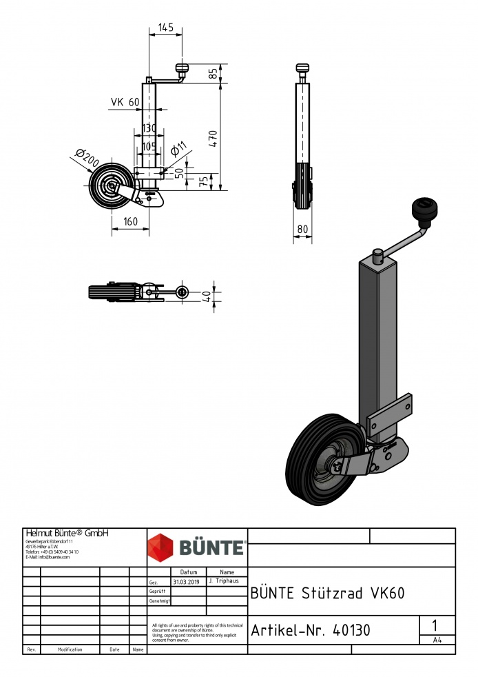 Stützrad, Vkt. 60 mm, vollautomatisch klappbar, 200 x 60 mm Vollgummirad auf Stahlfelge