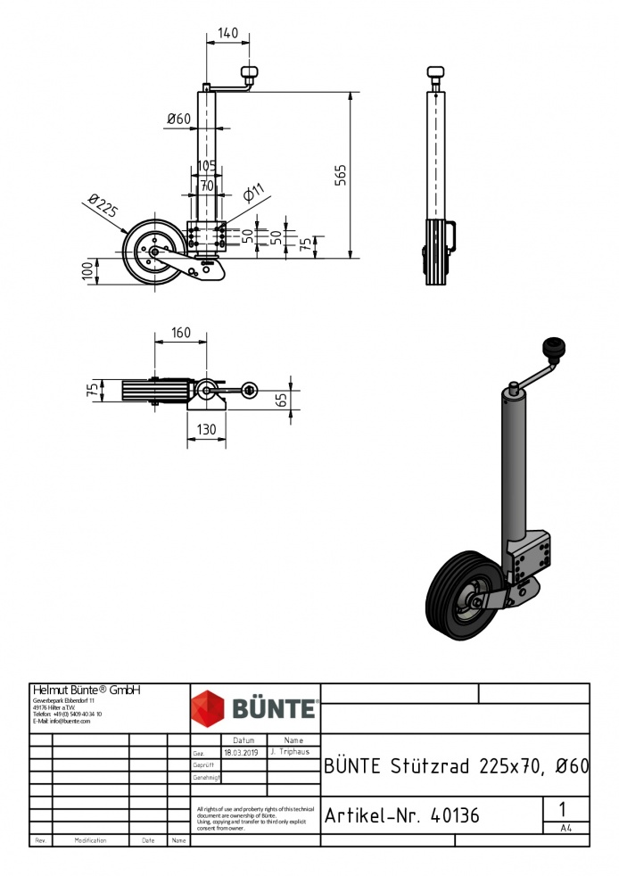 Stützrad, Ø 60 mm, vollautomatisch klappbar, 220 x 65 mm Vollgummirad auf Stahlfelge